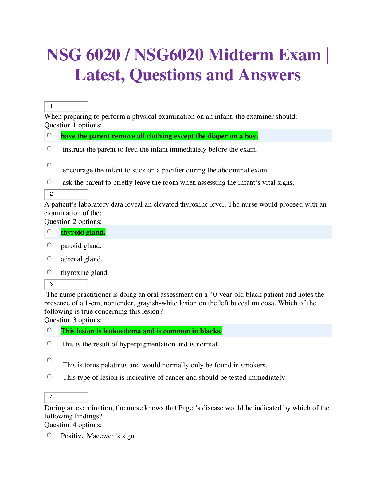 Preview of NSG 6020 / NSG6020 Midterm Exam | Latest, Questions and Answers